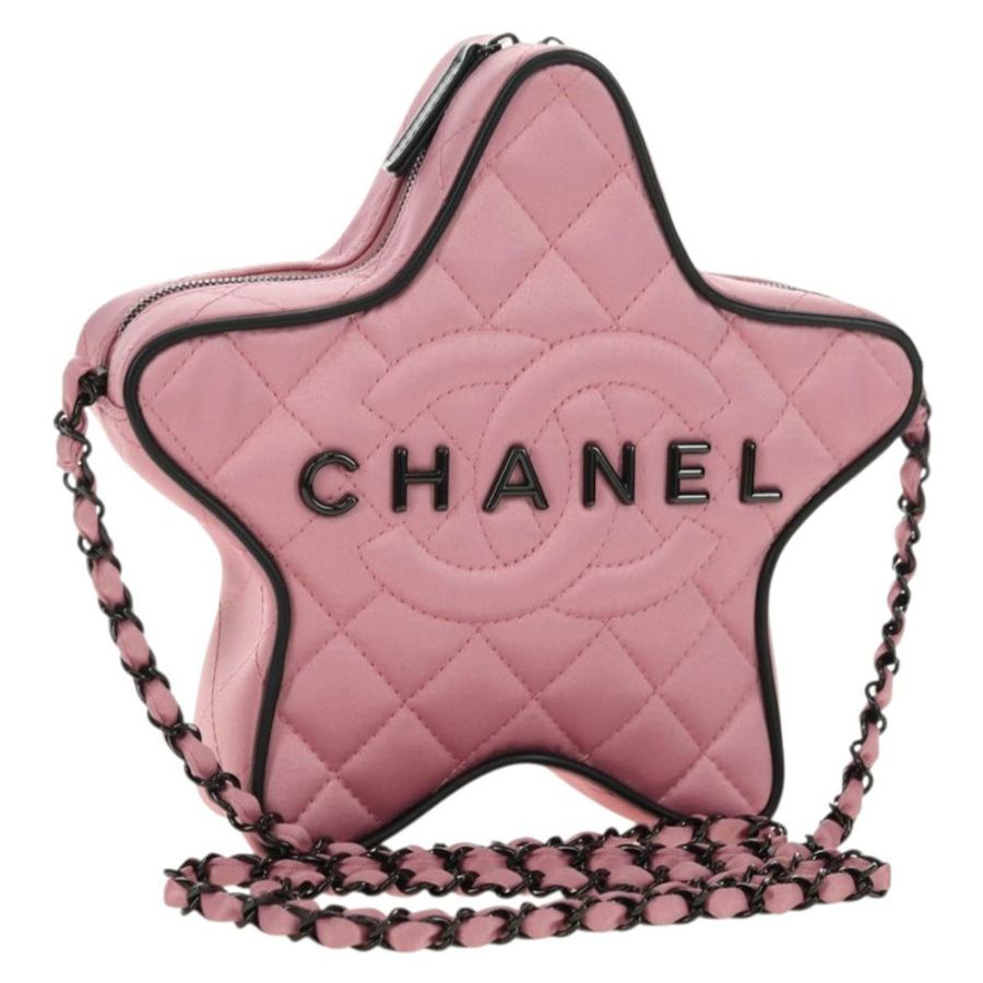 【日本直送】香奈兒 (CHANEL) 星形絎縫鏈條肩背包,緞麵粉紅色,CC標誌,貨號181923SM-0