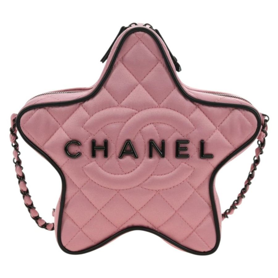 【日本直送】香奈兒 (CHANEL) 星形絎縫鏈條肩背包,緞麵粉紅色,CC標誌,貨號181923SM-12