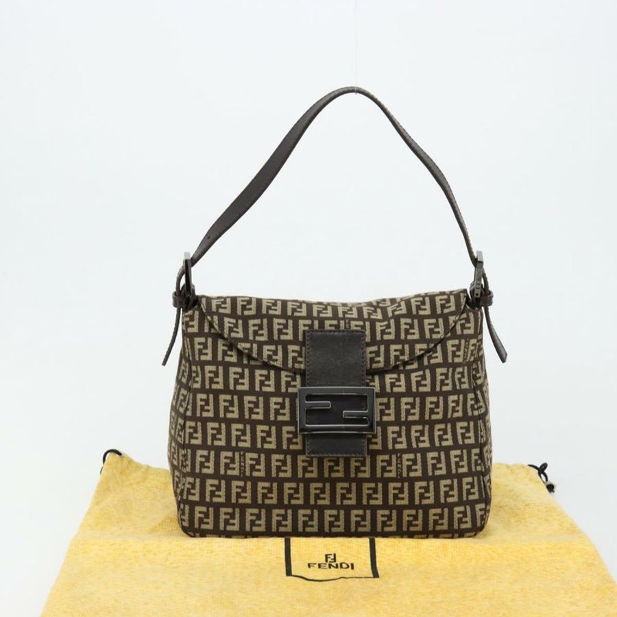 【日本直送】FENDI Zucchino帆布Mamma Baguette單肩包 銀棕色 正品 182652SAM-11