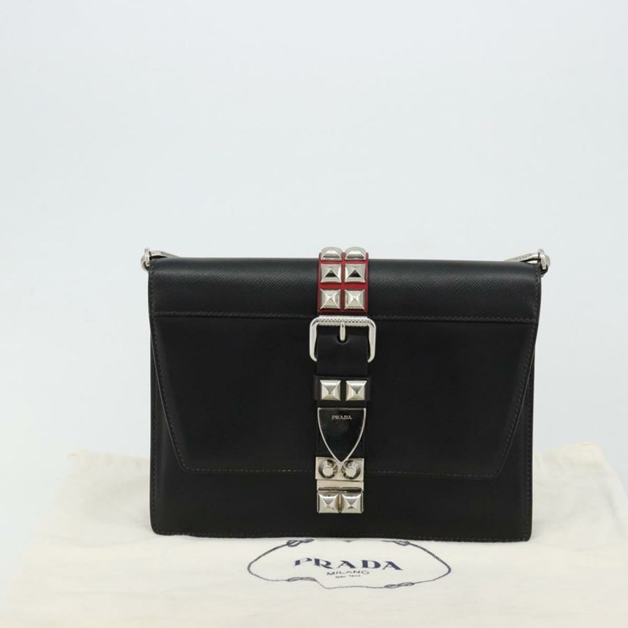 【日本直送】PRADA Electra鉚釘單肩包,黑色銀色皮革,正品編號182970V-11