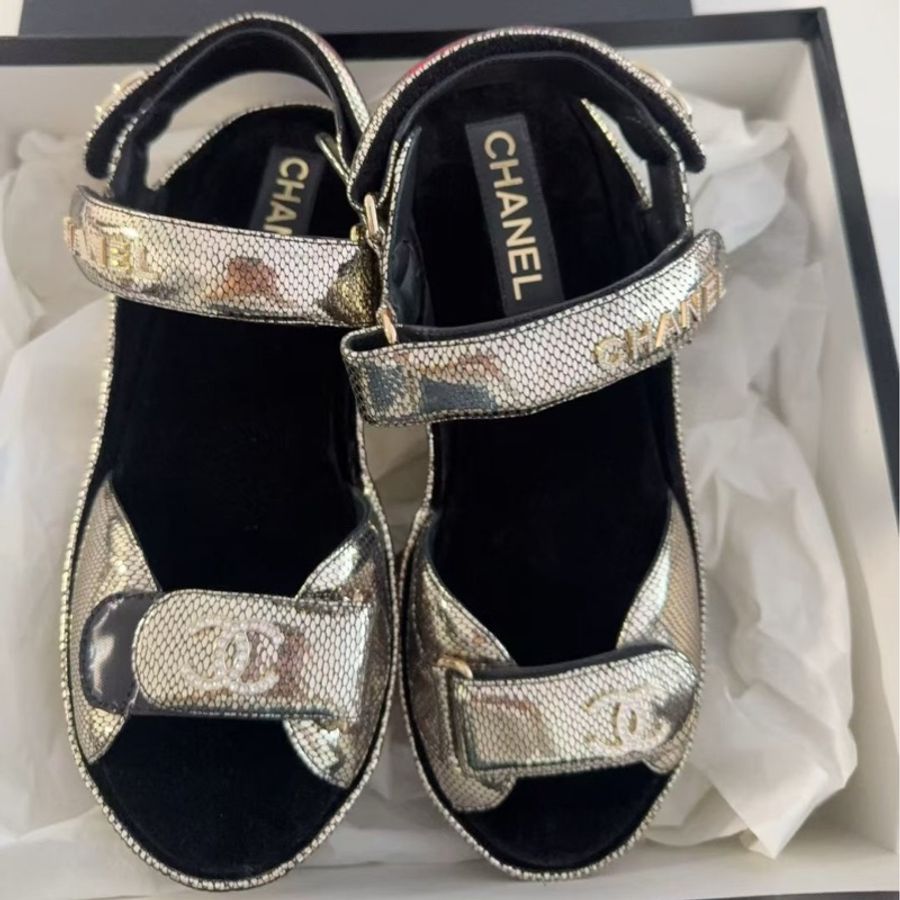 【全新品】Chanel香奈兒blingbling 超美金色魔鬼氈前高後高厚底涼鞋39碼-0