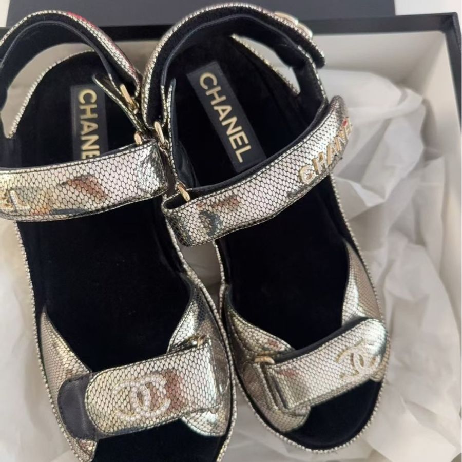 【全新品】Chanel香奈兒blingbling 超美金色魔鬼氈前高後高厚底涼鞋39碼-5