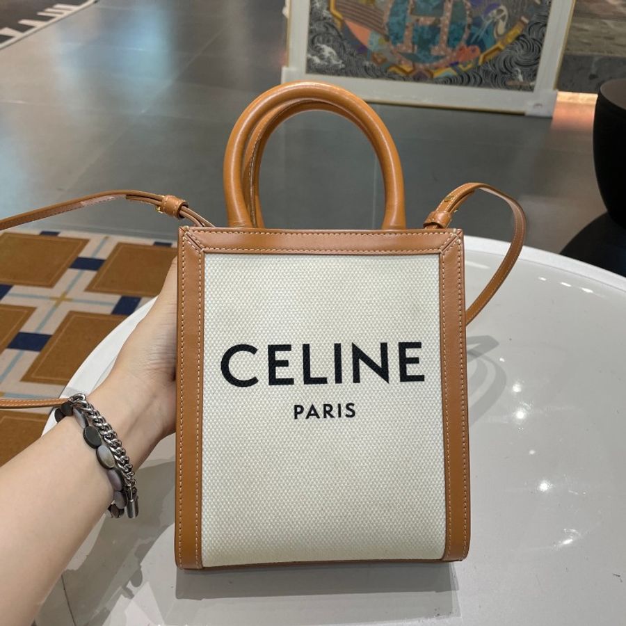CELINE赛琳米白拼焦糖色mini琴谱tote托特包20*17*6-19