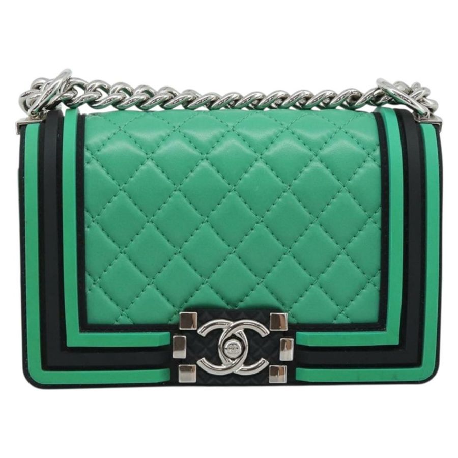 【日本直送】香奈兒 (CHANEL) 鏈條絎縫 Boy Chanel 羊皮綠色銀色 CC 認證包 184844SM-12