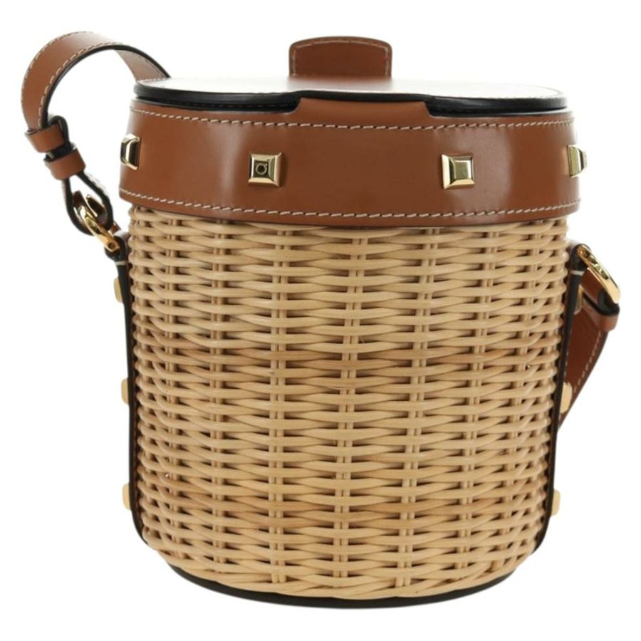 【日本直送】Salvatore Ferragamo Gancini 草編包,拉菲草材質,米色金色,正品 BA13293SM-1