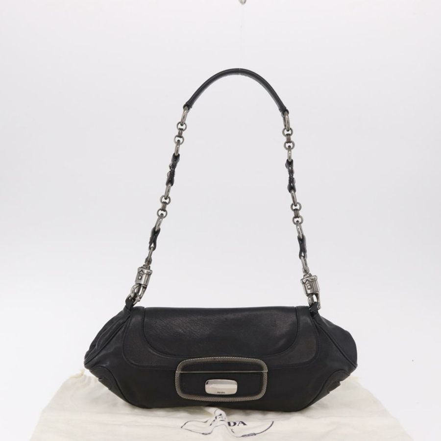 【日本直送】PRADA 鏈條單肩包 皮革 黑色 銀色 正品 185024SAM-11