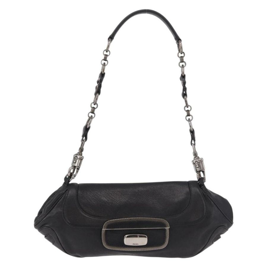【日本直送】PRADA 鏈條單肩包 皮革 黑色 銀色 正品 185024SAM-12