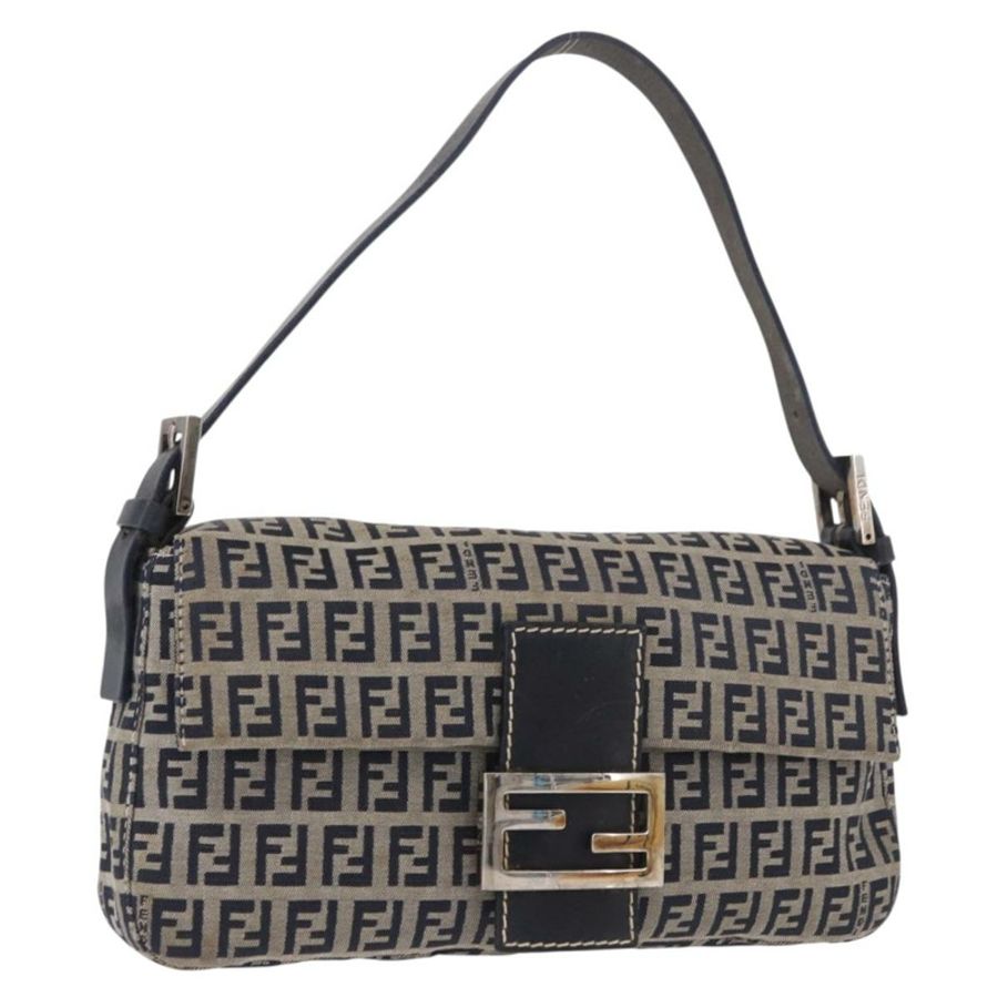 【日本直送】FENDI Zucchino帆布Mamma Baguette單肩包 海軍藍 銀色 正品 185146SAV-0