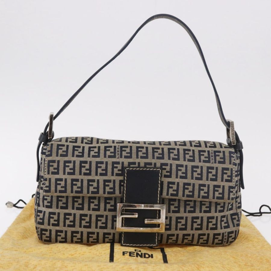 【日本直送】FENDI Zucchino帆布Mamma Baguette單肩包 海軍藍 銀色 正品 185146SAV-11