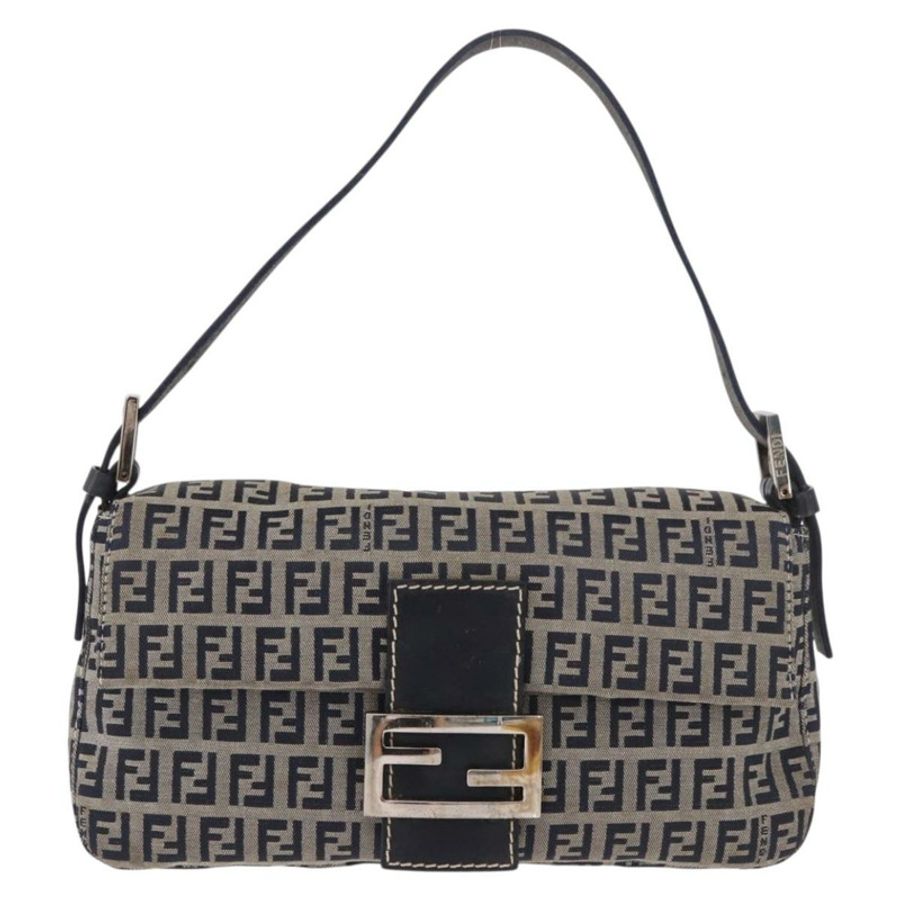 【日本直送】FENDI Zucchino帆布Mamma Baguette單肩包 海軍藍 銀色 正品 185146SAV-12