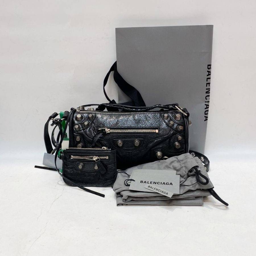 Balenciaga巴黎世家Le Cagole黑银机车可调节肩带斜挎单肩圆筒包13*24.5*13-6