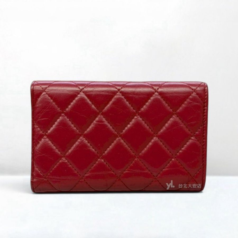 A13415-CHANEL 2.55 紅色油蠟牛皮金釦三折長夾A80829-3