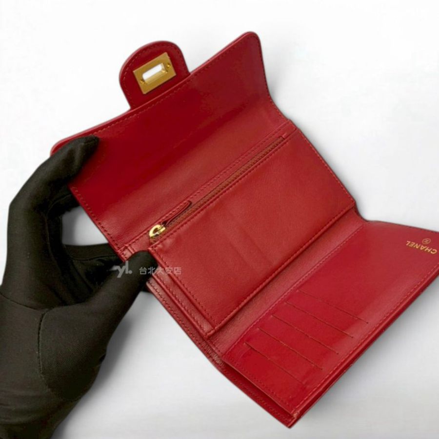 A13415-CHANEL 2.55 紅色油蠟牛皮金釦三折長夾A80829-6