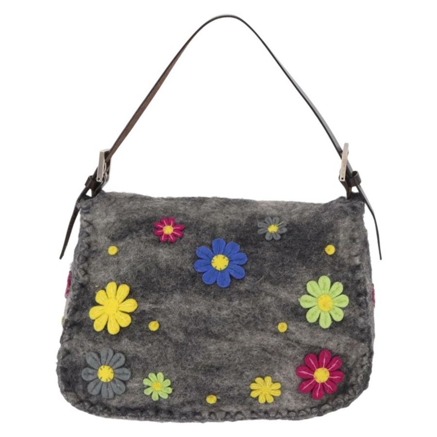 【日本直送】FENDI Floral Mamma Baguette 單肩包,毛氈材質,灰色/銀色,正品編號 185390SAM-1