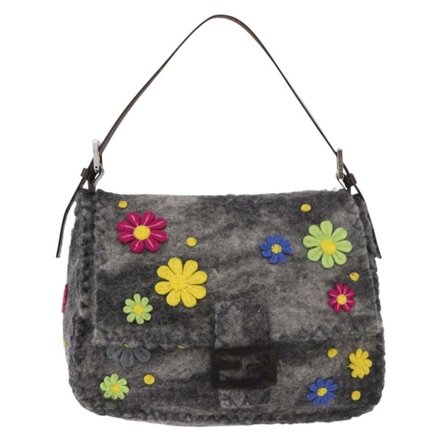 【日本直送】FENDI Floral Mamma Baguette 單肩包,毛氈材質,灰色/銀色,正品編號 185390SAM-12