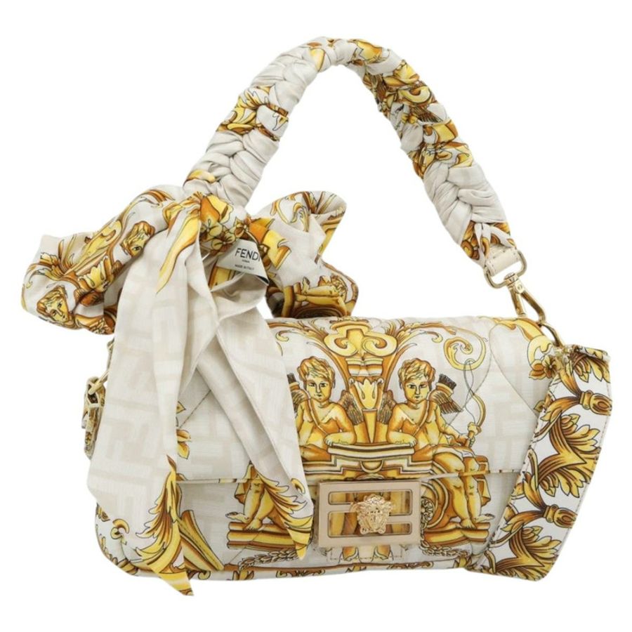 【日本直送】FENDI Zucca帆布Mamma Baguette包,尼龍材質,兩用,米色/金色,正品編號185628SAM-0