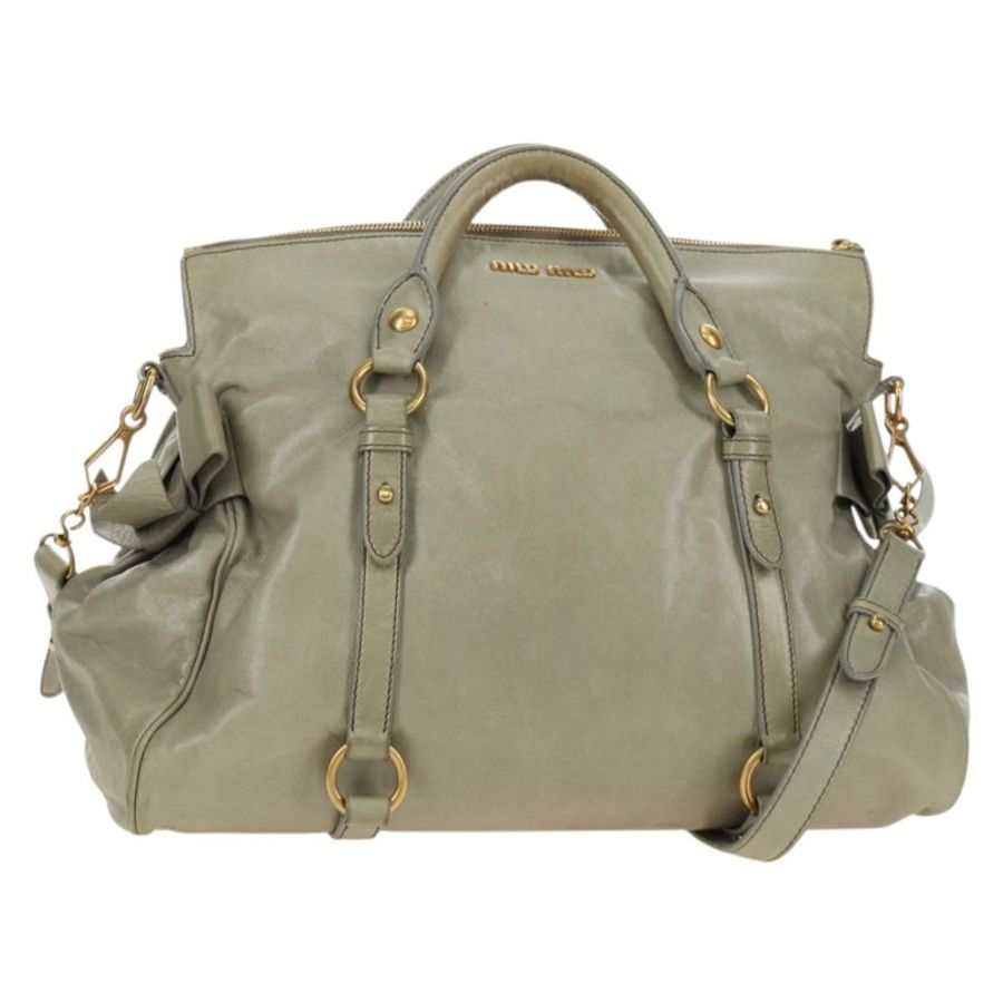 【日本直送】Miu Miu 側邊絲帶手提包 皮革 兩用 灰色 金色 正品 am11892V-0