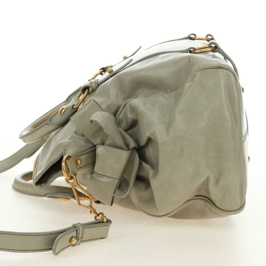 【日本直送】Miu Miu 側邊絲帶手提包 皮革 兩用 灰色 金色 正品 am11892V-2
