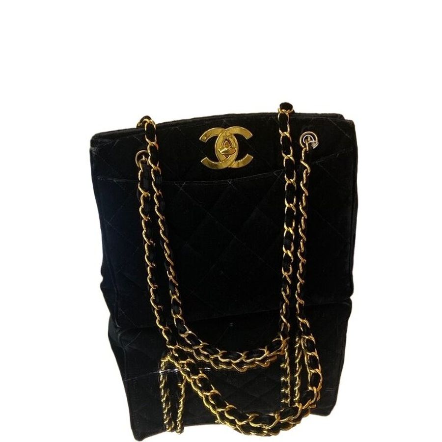 Chanel黑金絲絨貝嫂大雙C扣鏈條托特包-14