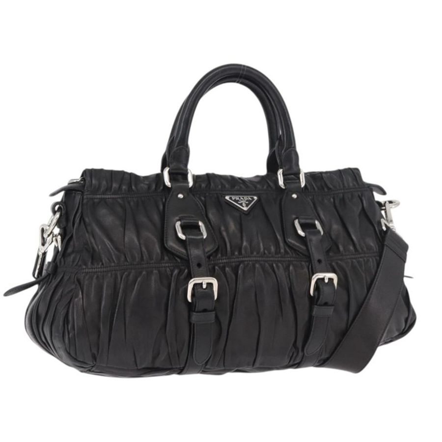 【日本直送】PRADA 羊皮褶皺手提包,兩用款,黑色/銀色,正品,貨號 187035SAV-0