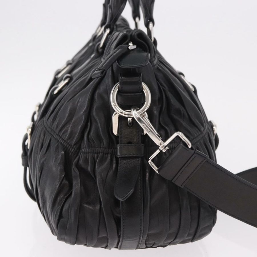 【日本直送】PRADA 羊皮褶皺手提包,兩用款,黑色/銀色,正品,貨號 187035SAV-3
