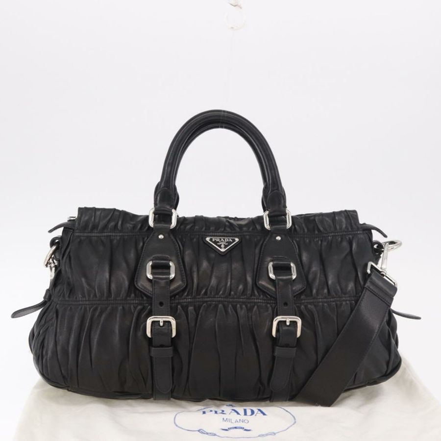 【日本直送】PRADA 羊皮褶皺手提包,兩用款,黑色/銀色,正品,貨號 187035SAV-11