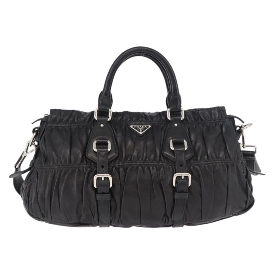 【日本直送】PRADA 羊皮褶皺手提包,兩用款,黑色/銀色,正品,貨號 187035SAV-12