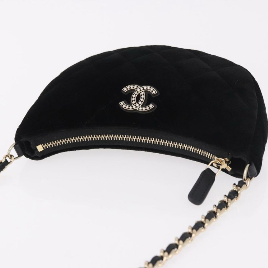 【日本直送】香奈兒 (CHANEL) 絎縫鏈條肩背包,絲絨材質,黑色,金色雙C標誌,貨號 186258SM-5