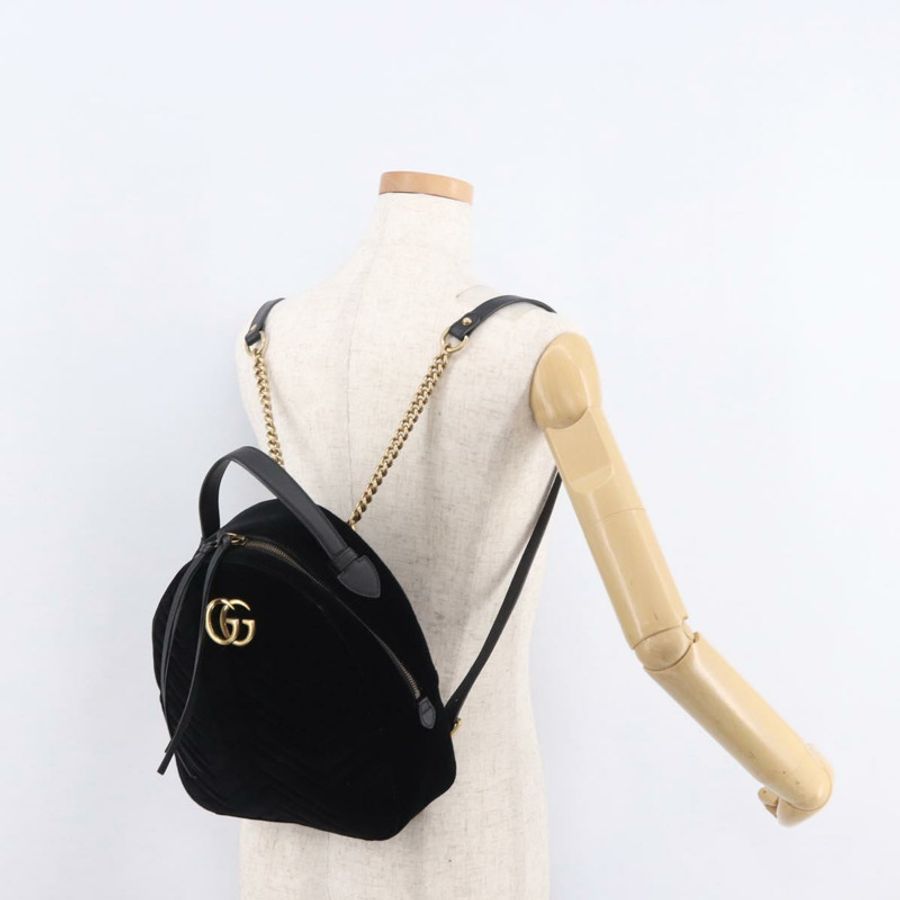【日本直送】GUCCI GG Marmont 天鵝絨雙肩包,黑色/金色,貨號 524568,正品編號 186222SAM-24