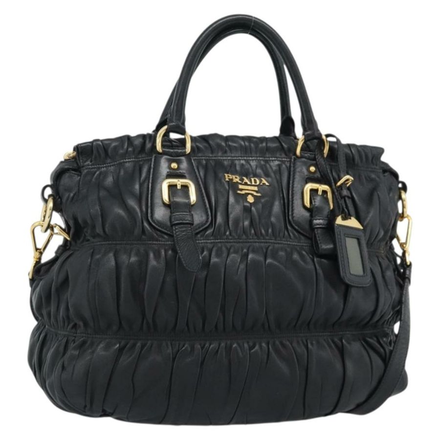 【日本直送】PRADA 褶皺手提包 皮革 2way 黑色 金色 Auth 188842V-0