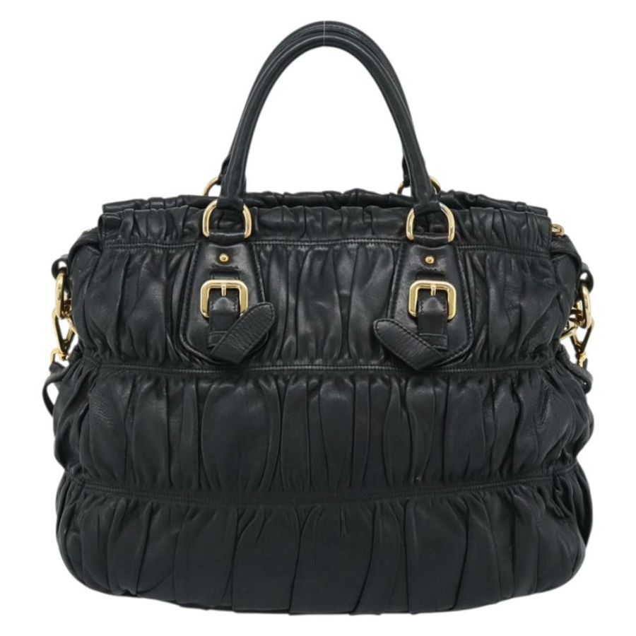 【日本直送】PRADA 褶皺手提包 皮革 2way 黑色 金色 Auth 188842V-1