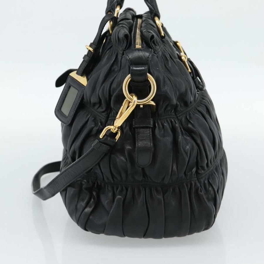 【日本直送】PRADA 褶皺手提包 皮革 2way 黑色 金色 Auth 188842V-3