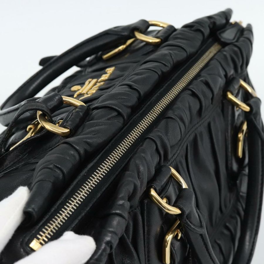 【日本直送】PRADA 褶皺手提包 皮革 2way 黑色 金色 Auth 188842V-5