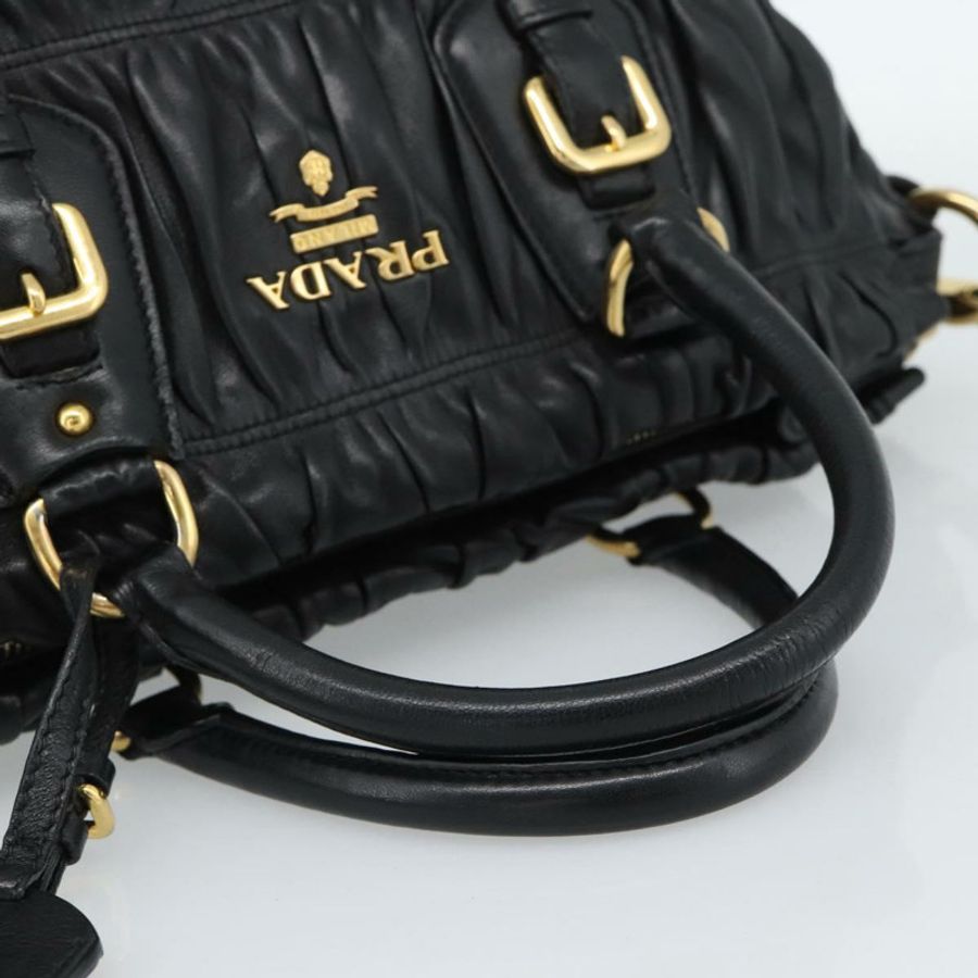【日本直送】PRADA 褶皺手提包 皮革 2way 黑色 金色 Auth 188842V-6