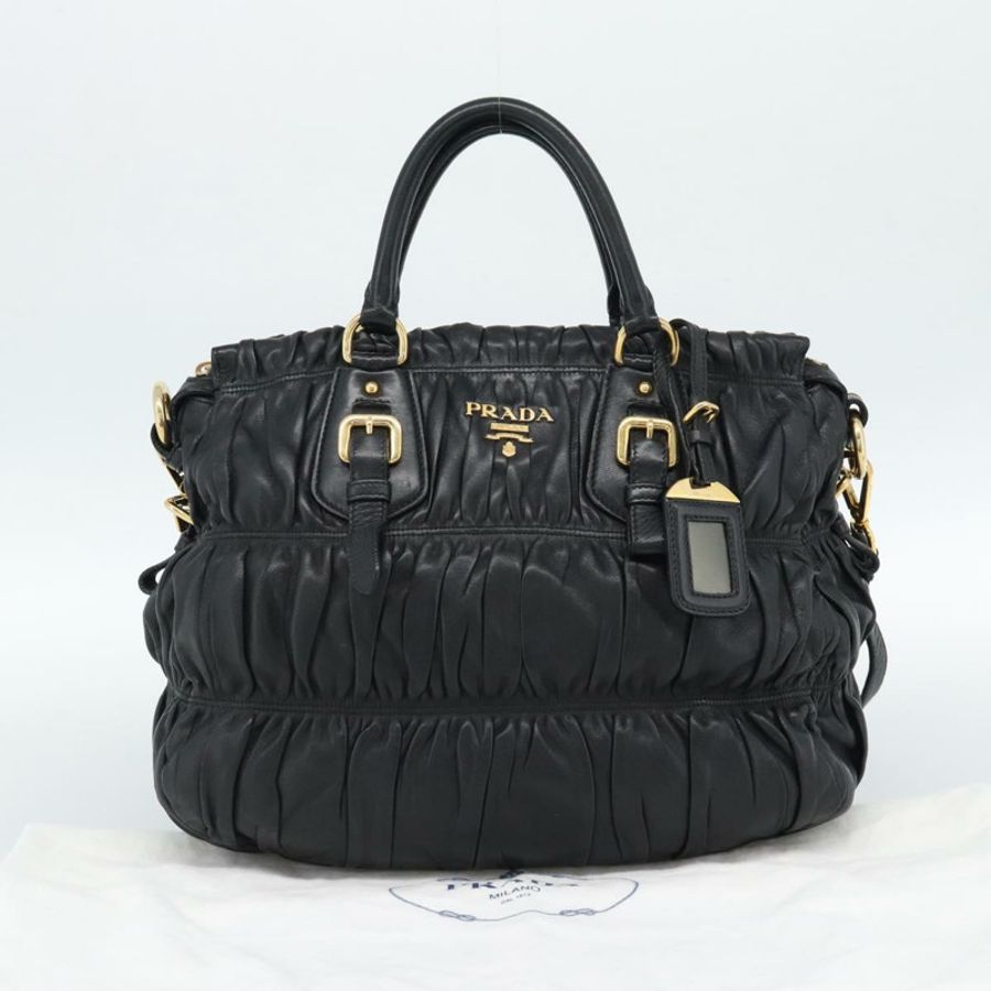 【日本直送】PRADA 褶皺手提包 皮革 2way 黑色 金色 Auth 188842V-11