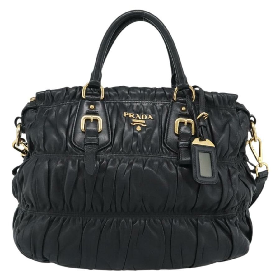 【日本直送】PRADA 褶皺手提包 皮革 2way 黑色 金色 Auth 188842V-12