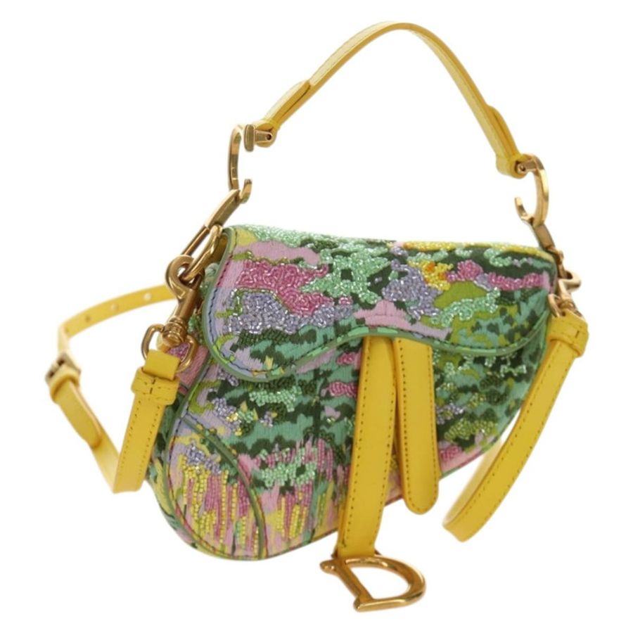 【日本直送】Christian Dior 迷你馬鞍包帆布串珠兩用綠金配色 正品 190200SAM-0