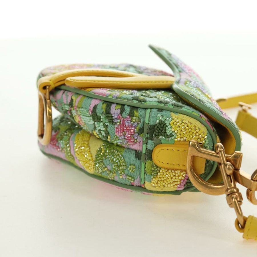 【日本直送】Christian Dior 迷你馬鞍包帆布串珠兩用綠金配色 正品 190200SAM-3