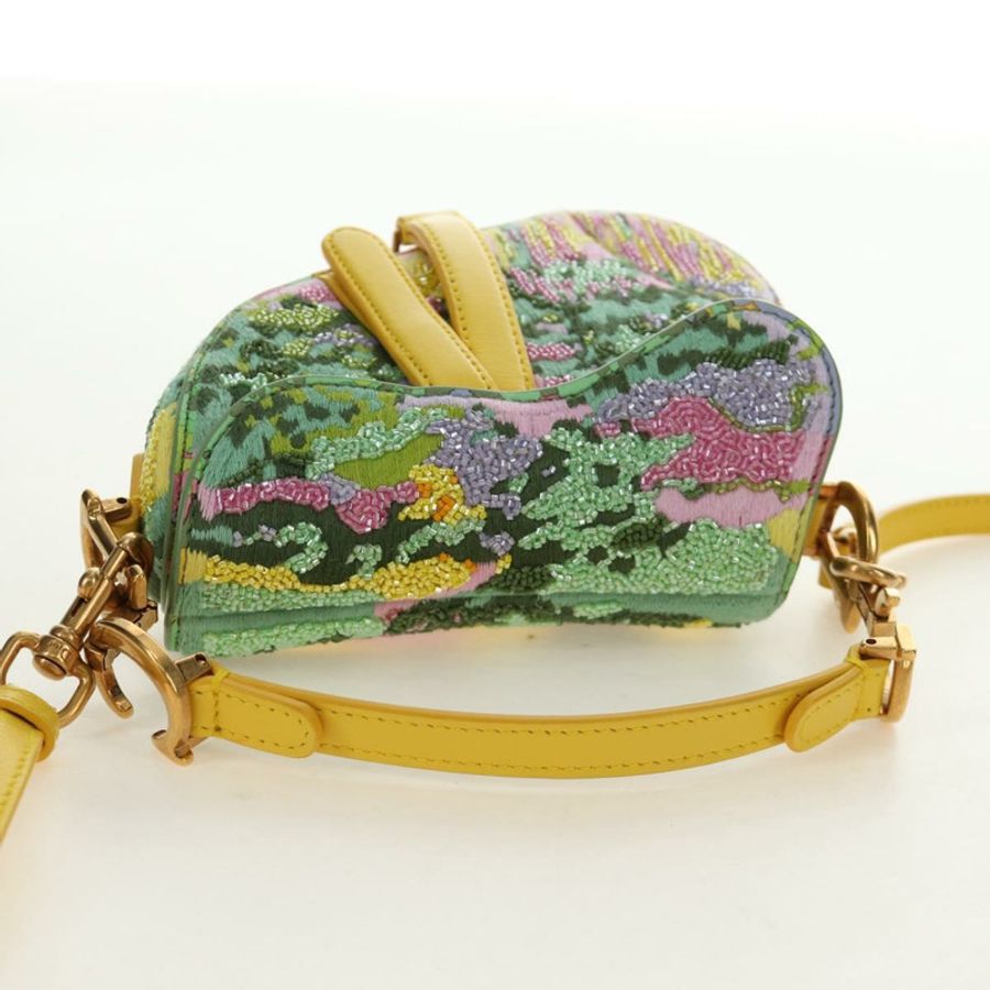 【日本直送】Christian Dior 迷你馬鞍包帆布串珠兩用綠金配色 正品 190200SAM-5