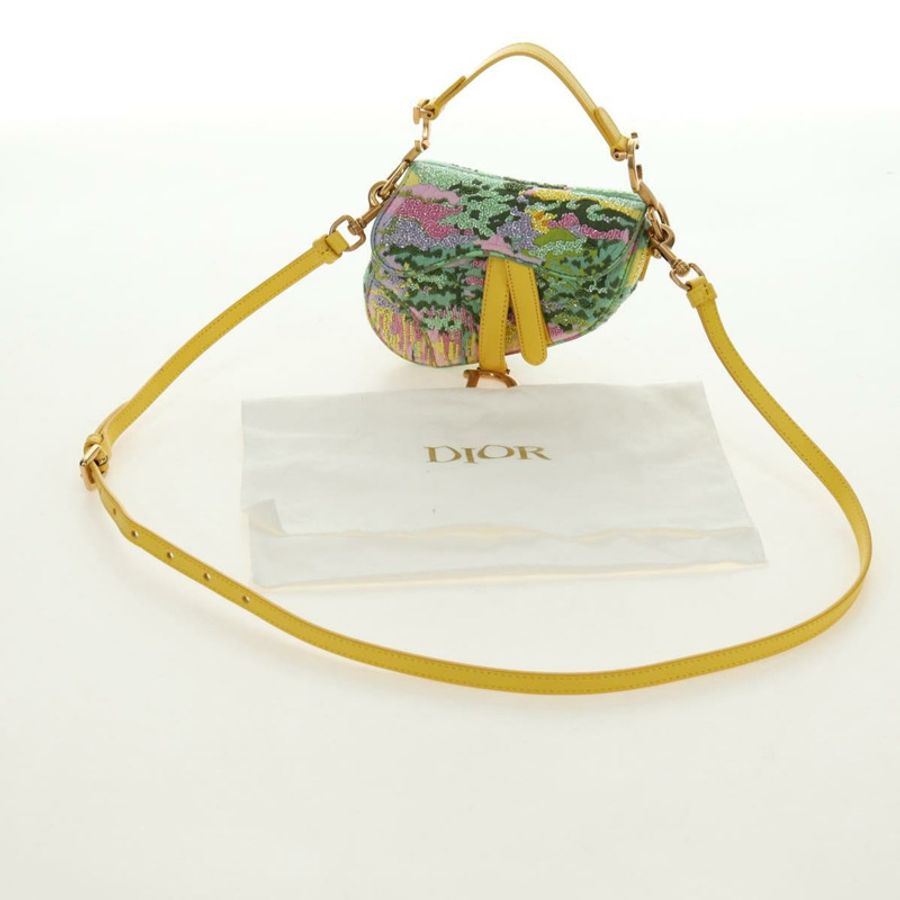 【日本直送】Christian Dior 迷你馬鞍包帆布串珠兩用綠金配色 正品 190200SAM-11