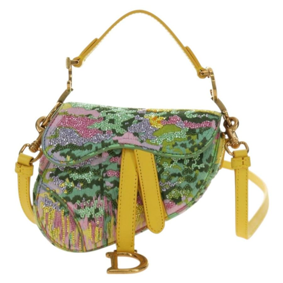 【日本直送】Christian Dior 迷你馬鞍包帆布串珠兩用綠金配色 正品 190200SAM-12
