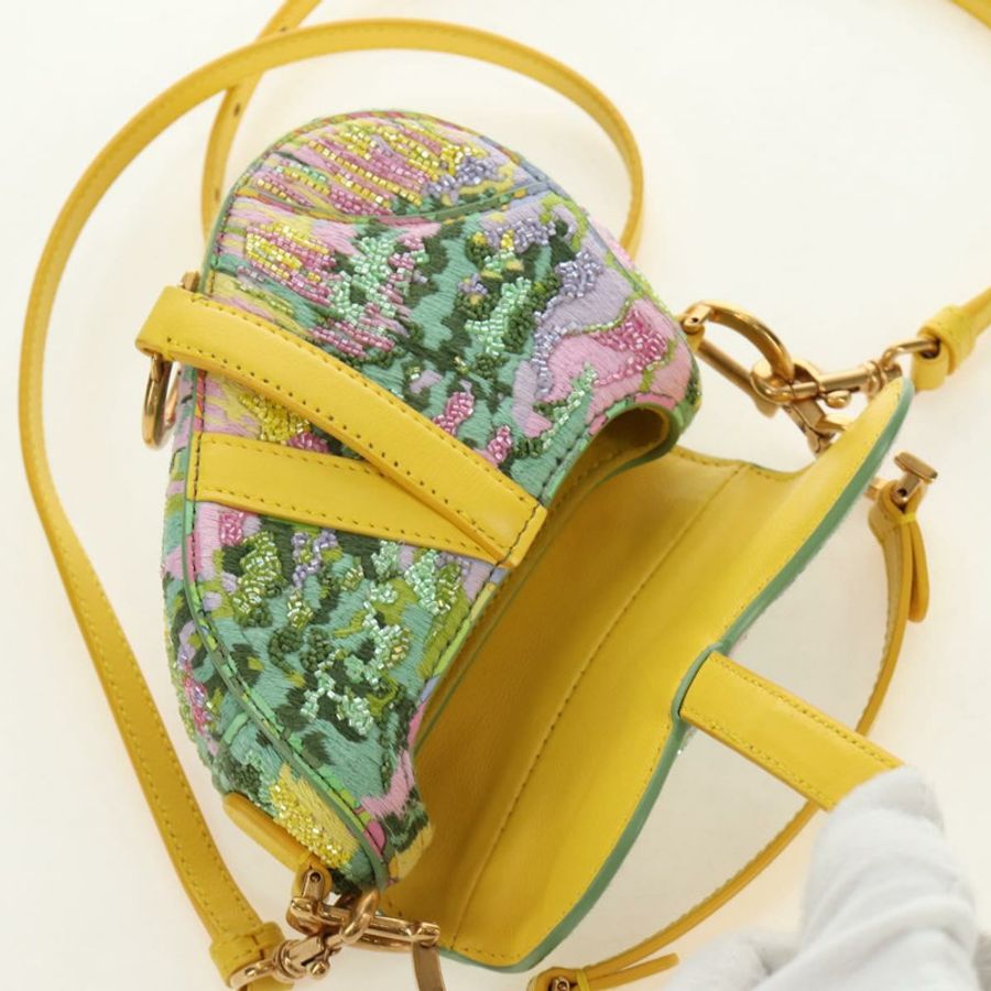 【日本直送】Christian Dior 迷你馬鞍包帆布串珠兩用綠金配色 正品 190200SAM-23