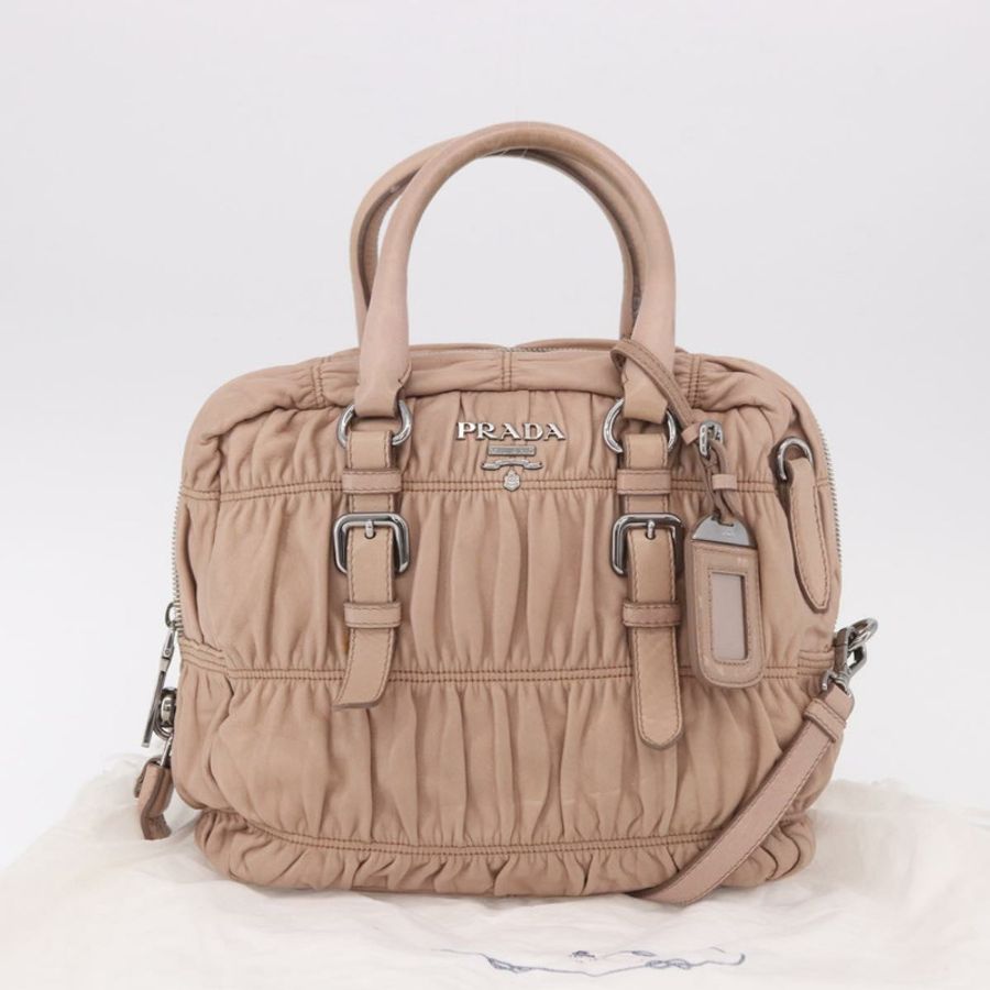【日本直送】PRADA 褶皺手提包 皮革 兩用 粉紅色 銀色 正品 190719V-11