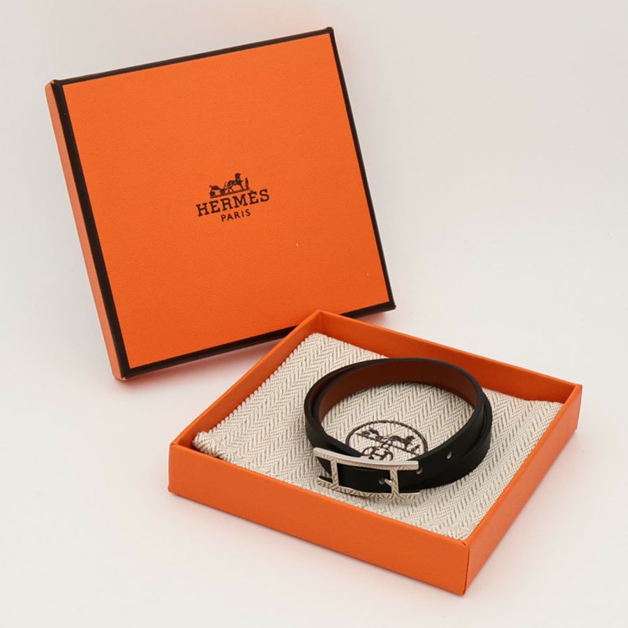 HERMES Chamonix/Tadelakt皮革Behapi Double Tour Bracelet手帶Noir-7
