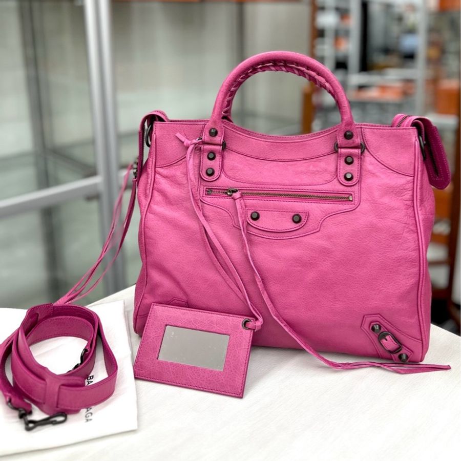 【近新閒置品】Balenciaga 巴黎世家桃粉色 手提單肩斜挎包 竪版機車包-0