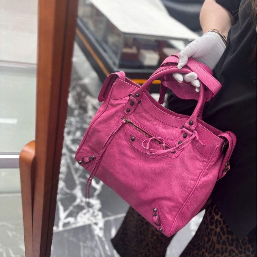 【近新閒置品】Balenciaga 巴黎世家桃粉色 手提單肩斜挎包 竪版機車包-9