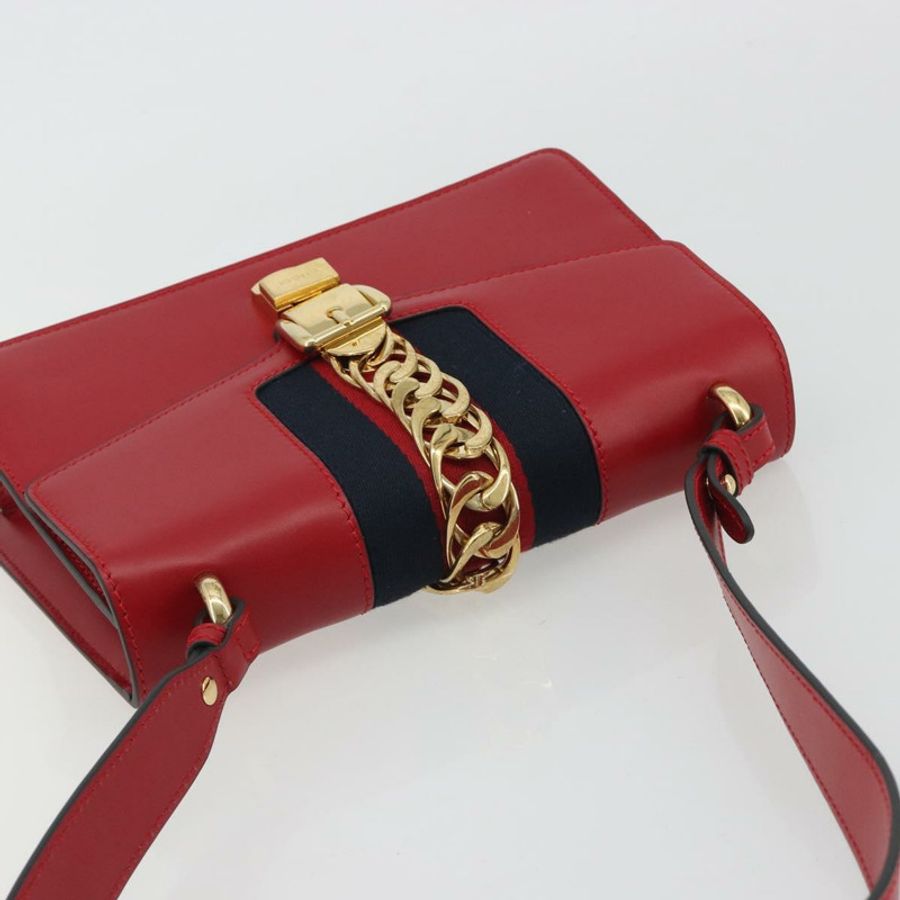 【日本直送】GUCCI Sherry Line Silvi 單肩包,皮革,紅色,金色,421882,正品編號 190243V-5