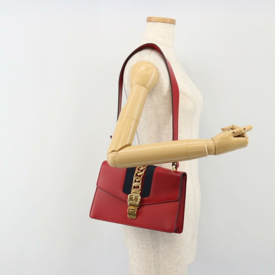 【日本直送】GUCCI Sherry Line Silvi 單肩包,皮革,紅色,金色,421882,正品編號 190243V-25