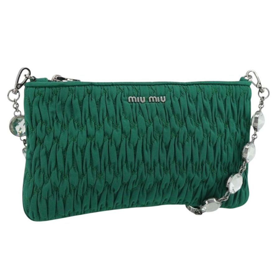 【日本直送】Miu Miu Gathered Bijoux 鏈條單肩包 帆布 綠色 銀色 正品 191478SM-0