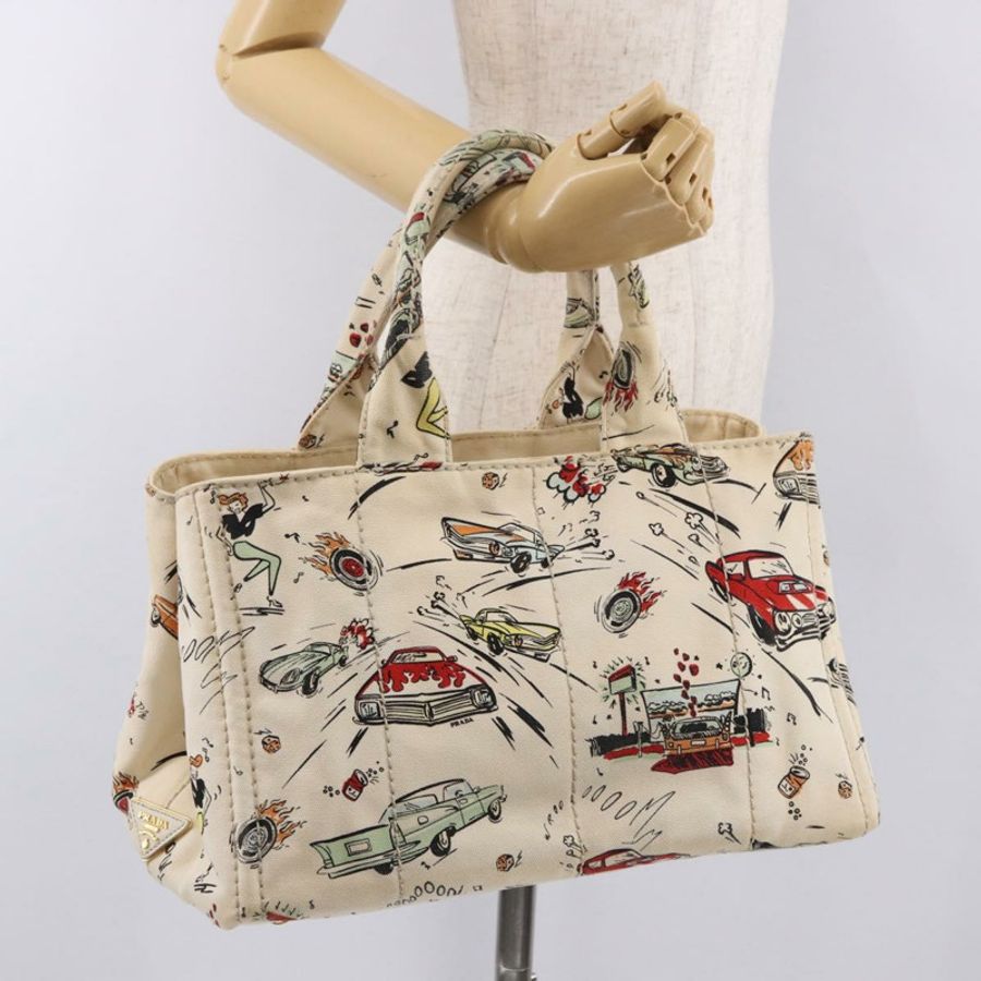 【日本直送】PRADA Canapa M 手袋 帆布 象牙色 金色 正品 192036A-23